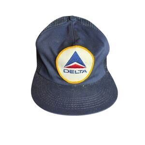 Vintage Delta Airlines Trucker Patch Hat Cap Mesh K Products Navy Blue Aviation